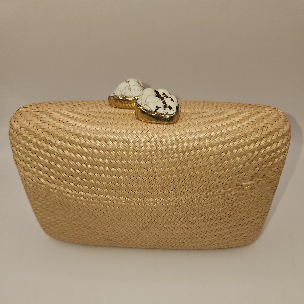 Kayu Jen Straw clutch w stones & detachable strap